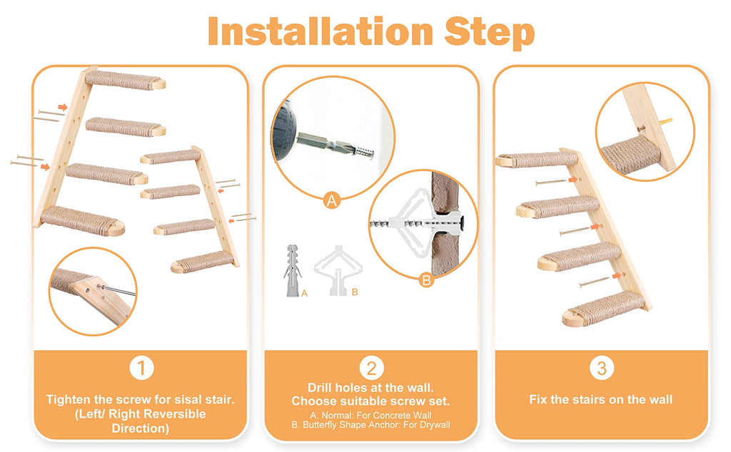 Cat Climbing Stair Shelf, Wall Mounted Reversible Ladder 2PCS 4 Steps