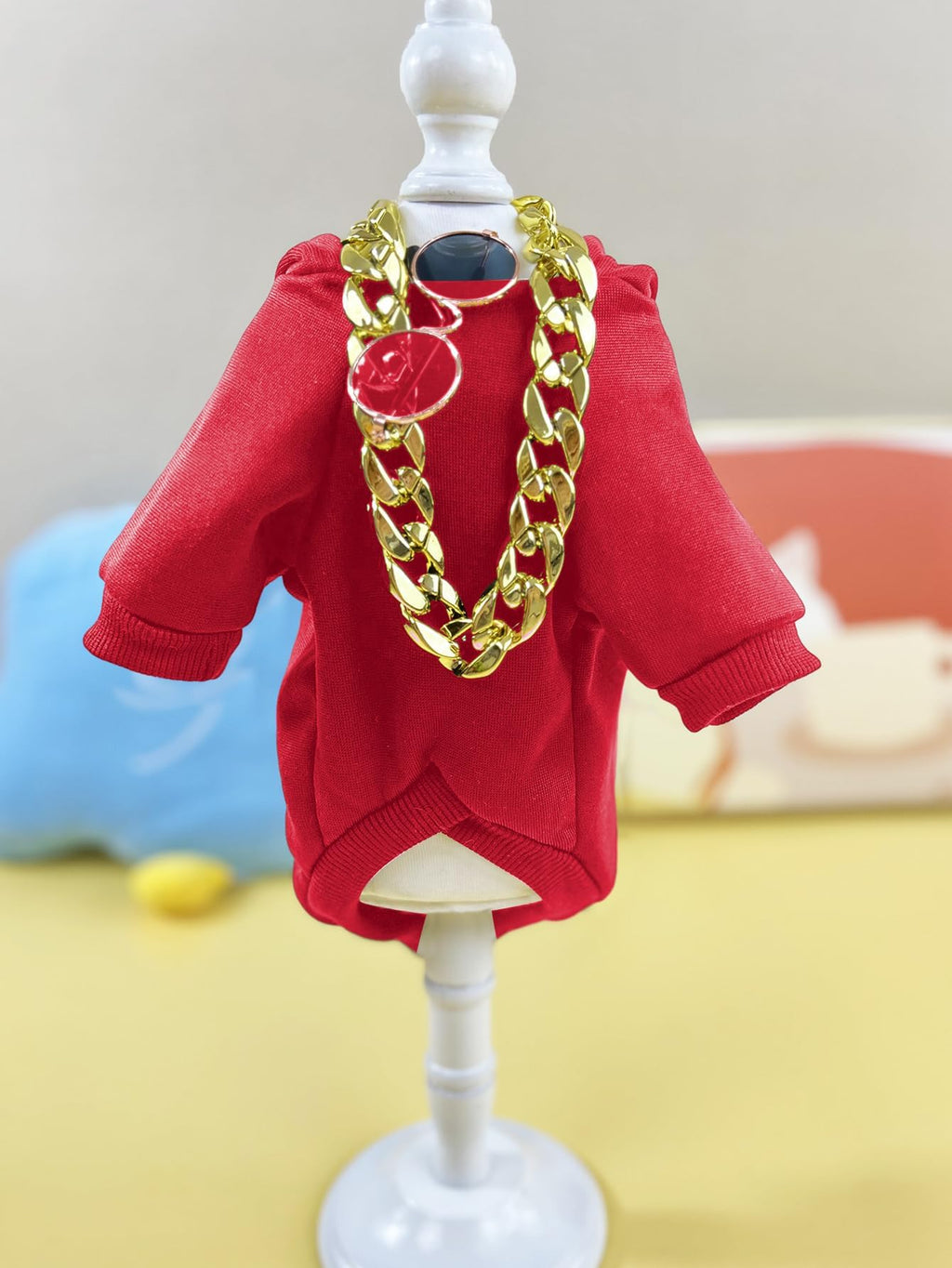 QWINEE 3Pcs Dog Hoodie Cat Apparel Dog Custume Set with Necklace and Sunglasses Pet Clothes for Puppy Small Medium Dogs Cats Red XL