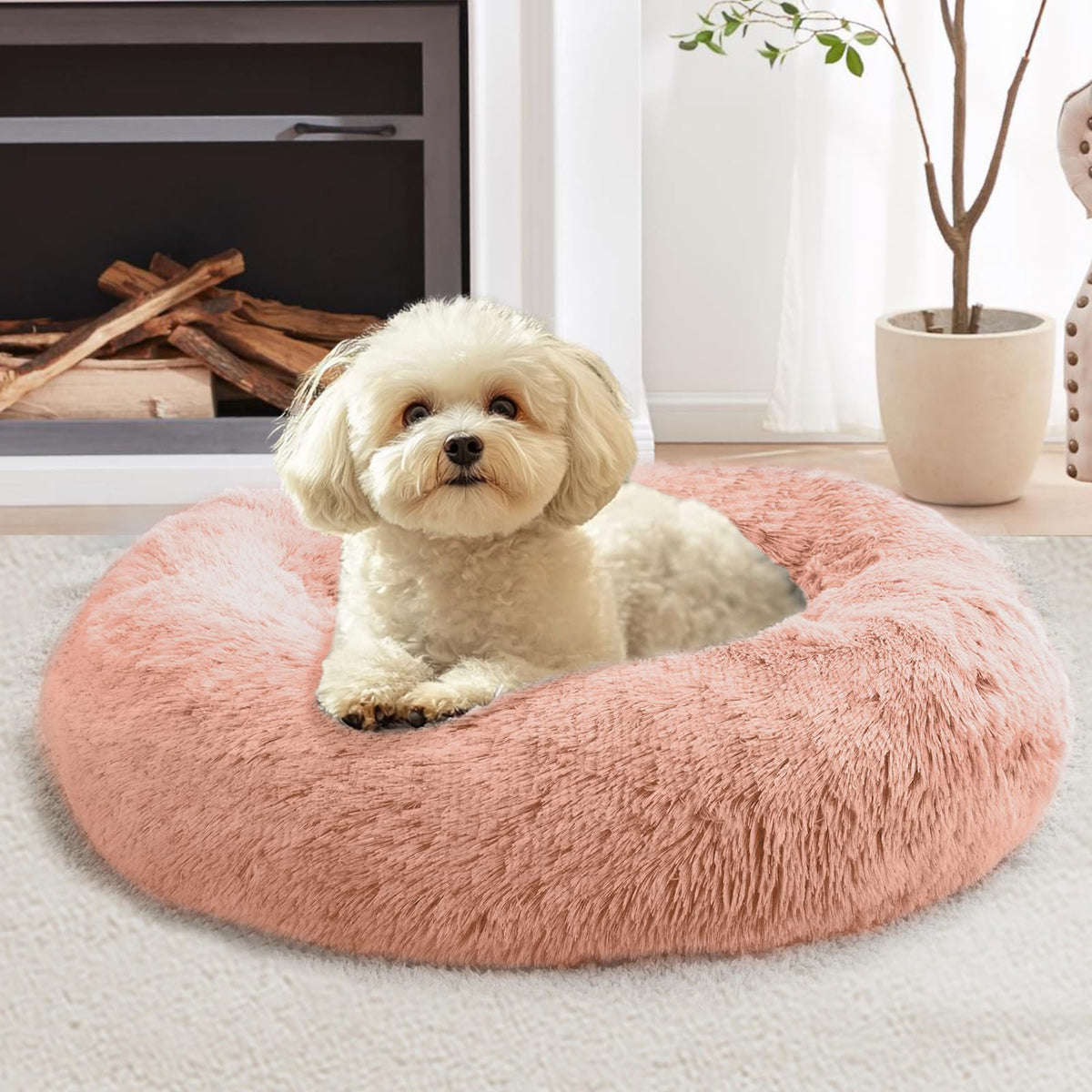 JOLLYVOGUE Calming Dog Bed for Small Dogs - 23 inches Donut Washable Small Dog Bed for Kittens & Puppies, Anti-Slip Round Fluffy Plush Faux Fur Cat Beds (Fits up to 25 lbs Pets, Purple)