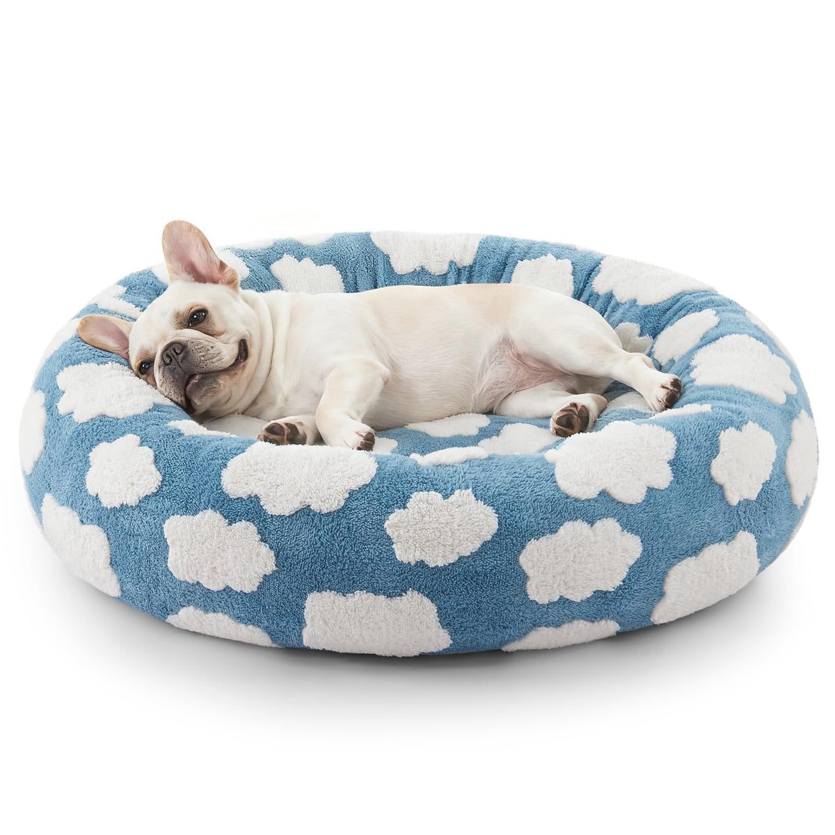 JOEJOY Jacquard Donut Round Small Dog Beds,Blue 23x23x7in, Removable Washable Cover, Cute Pattern, Ultra Soft Fluffy Calming Pet Bed with Thick Supportive Bolster