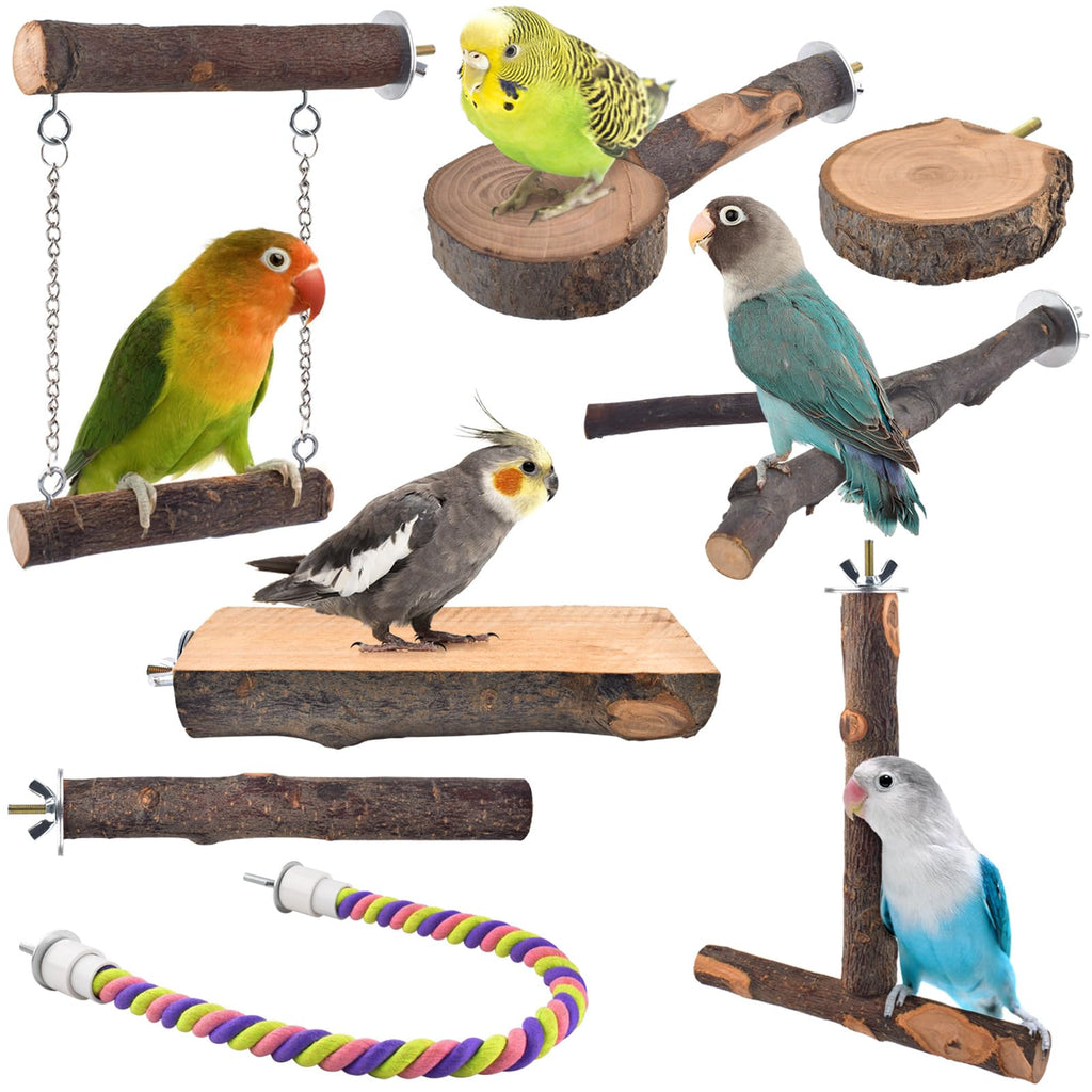 DBNESS Bird Perches, 8pcs Natural Wood Parrot Perch Stand Chewing Toys Cage Accessories Hanging Multi-Branch Perch Platform Swing Toy Rope Perches for Small and Medium Parakeet, Conures, Budgies