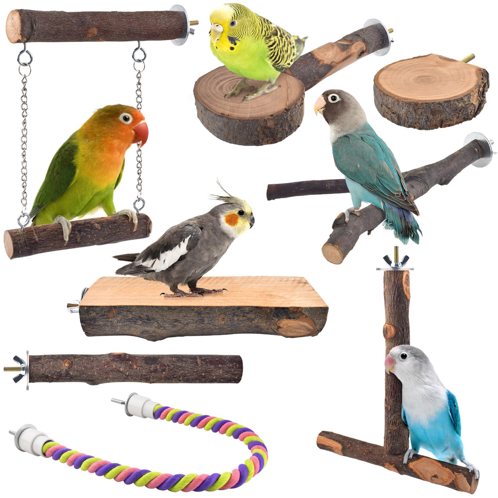 DBNESS Bird Perches, 8pcs Natural Wood Parrot Perch Stand Chewing Toys Cage Accessories Hanging Multi-Branch Perch Platform Swing Toy Rope Perches for Small and Medium Parakeet, Conures, Budgies