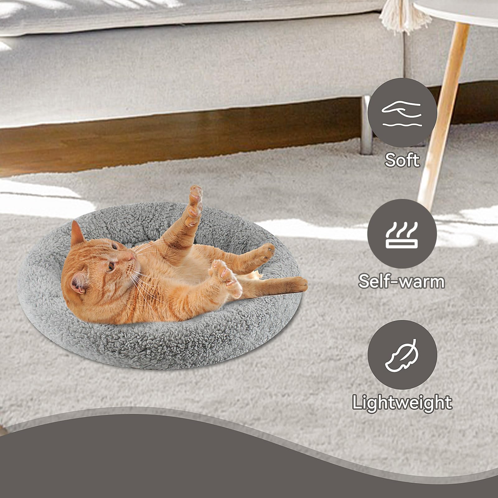 Enjoying Small Cat Bed Mat, 11.81" Round, Self Warming Cat Mat with Pillow Around, Dog Kitty Curling Sleep Cushion, Soft Kitten Pad for Carrier/Crate, Rabbit Warm Bed, Antiskid Bottom, Small