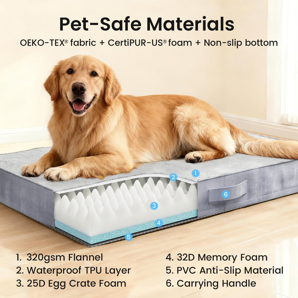 OhGeni Orthopedic Waterproof Large Dog Bed, Memory Foam, 41 inch(Gray)