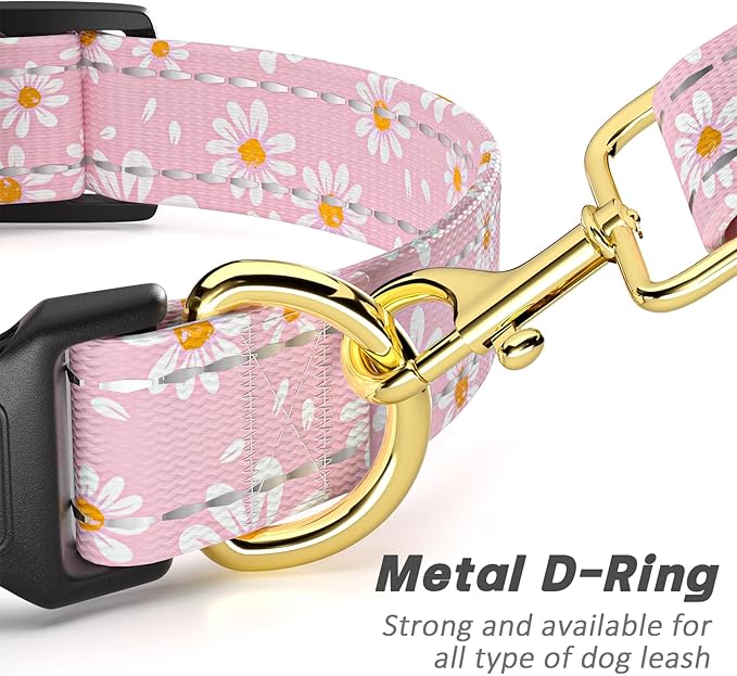 TMOODEL Reflective Dog Collar for Medium Dogs, Cute Daisy Theme Adjustable Heavy-Duty Nylon Puppy Collar for Boy and Girl Female, Soft Pet Accessories with Quick Release Buckle, Neck 14-20", Pink