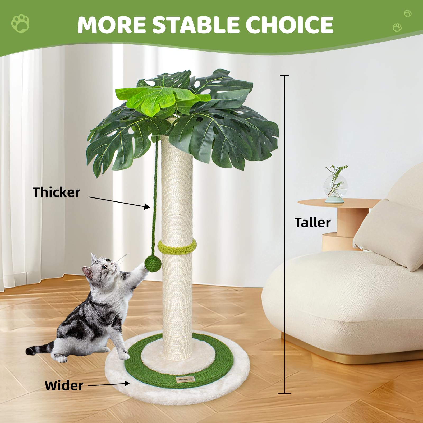 Meowoou Cat Scratching Post for Space-Saving,35” Tall Modern Monstera 3 Layer Cat Tree Tower with Sisal Rope Hanging Interactive Ball for Indoor Cats and Kitten Climbing,Play & Rest