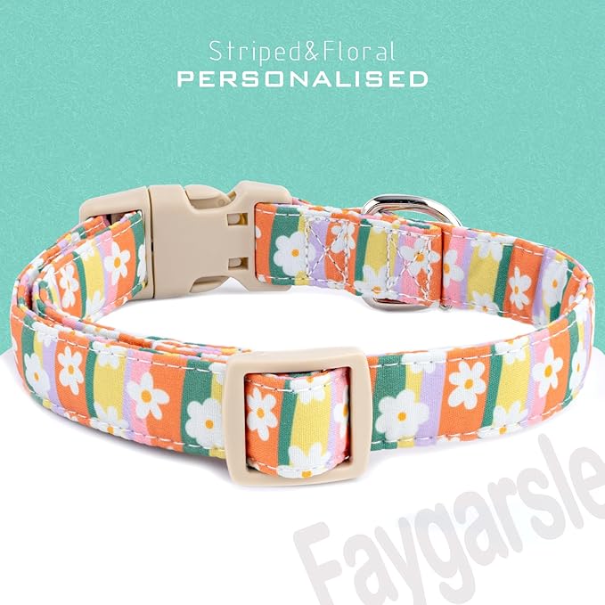 Faygarsle Colorful Floral Dog Collar, Cotton Fabric with Daisy Pattern, Multi-Color Stripes Spring Summer Design for Small Medium Large Dogs, XS