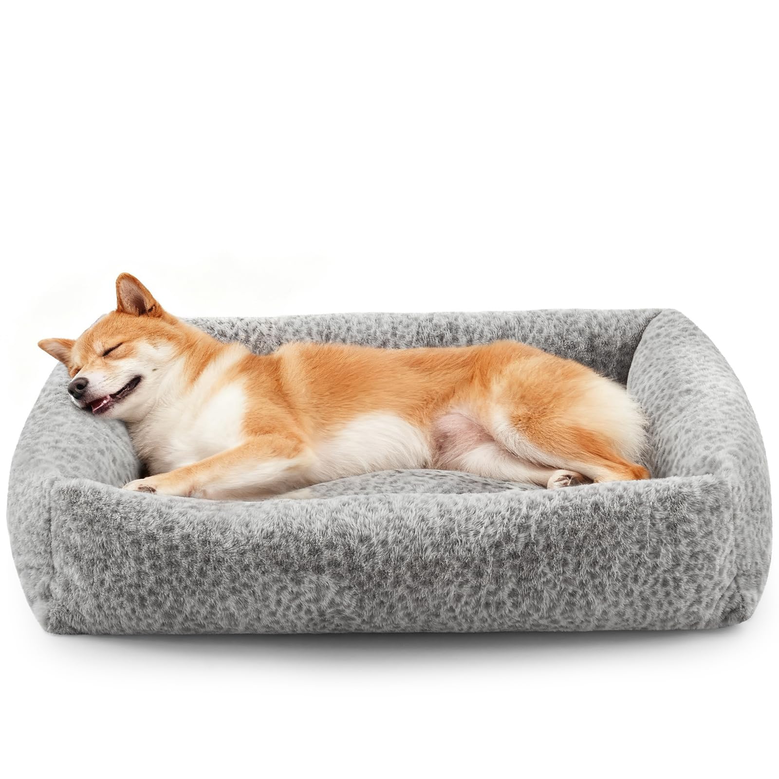JOEJOY Large Dog Beds Large Sized Dog, Removable Washable Cover Orthopedic Soft Faux Rabbit Fur Pet Bed, Anti-Slip Fluffy Plush Faux Rabbit Fur Puppy Bed, 36"x27"x8", Leopard Print, Grey