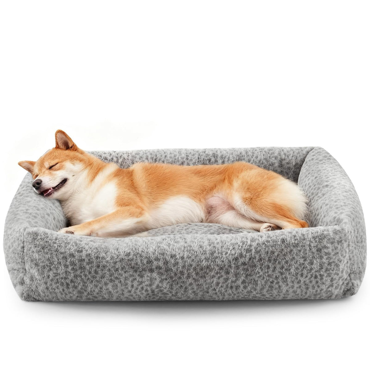 JOEJOY XL Dog Beds Large Sized Dog, Removable Washable Cover Orthopedic Soft Faux Rabbit Fur Pet Bed, Anti-Slip Fluffy Plush Faux Rabbit Fur Puppy Bed, 42"x36"x9", Leopard Print, Grey