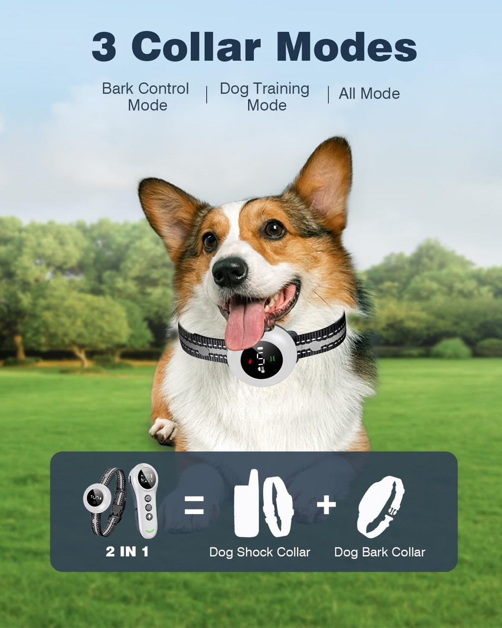 2-in-1 Dog Shock Collar & Dog Bark Collar - Smart Anti Barking Dog Training Collar with 5 Adjustable Sensitivity & 3300FT Remote for All Breeds IP67 Waterproof Rechargeable E-Collar (White)