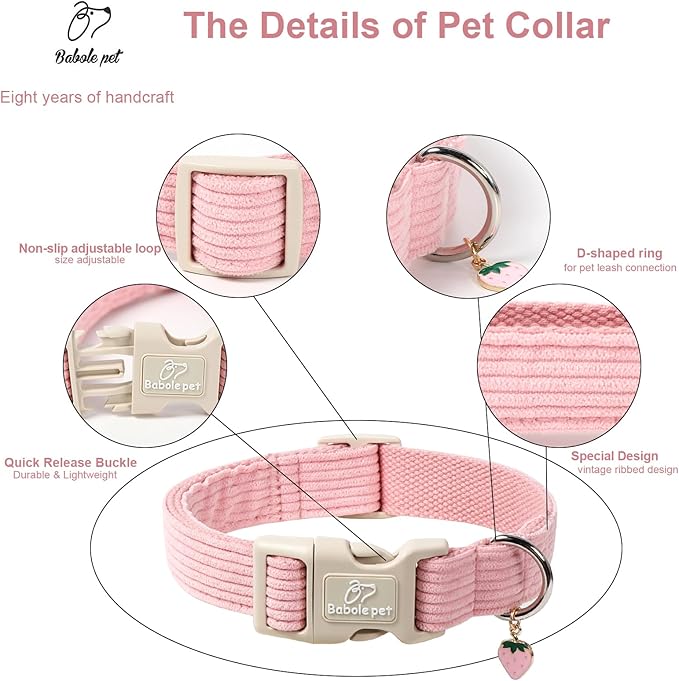 Cute Corduroy Dog Collar - Pink Adjustable Dog Collars for Medium Dogs 25-50lbs, Fade-Proof with Secure Snap & Little Charm, Christmas Birthday Gift, M