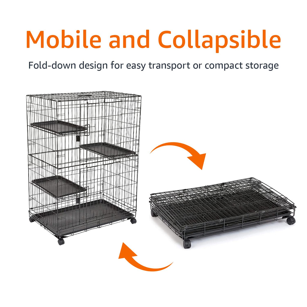 Amazon Basics Large 3-Tier Cat Cage Playpen with Easy to Clean Removable Tray, Front Doors, Portable, Foldable, 35.8" x 22.4" x 50.6", Black