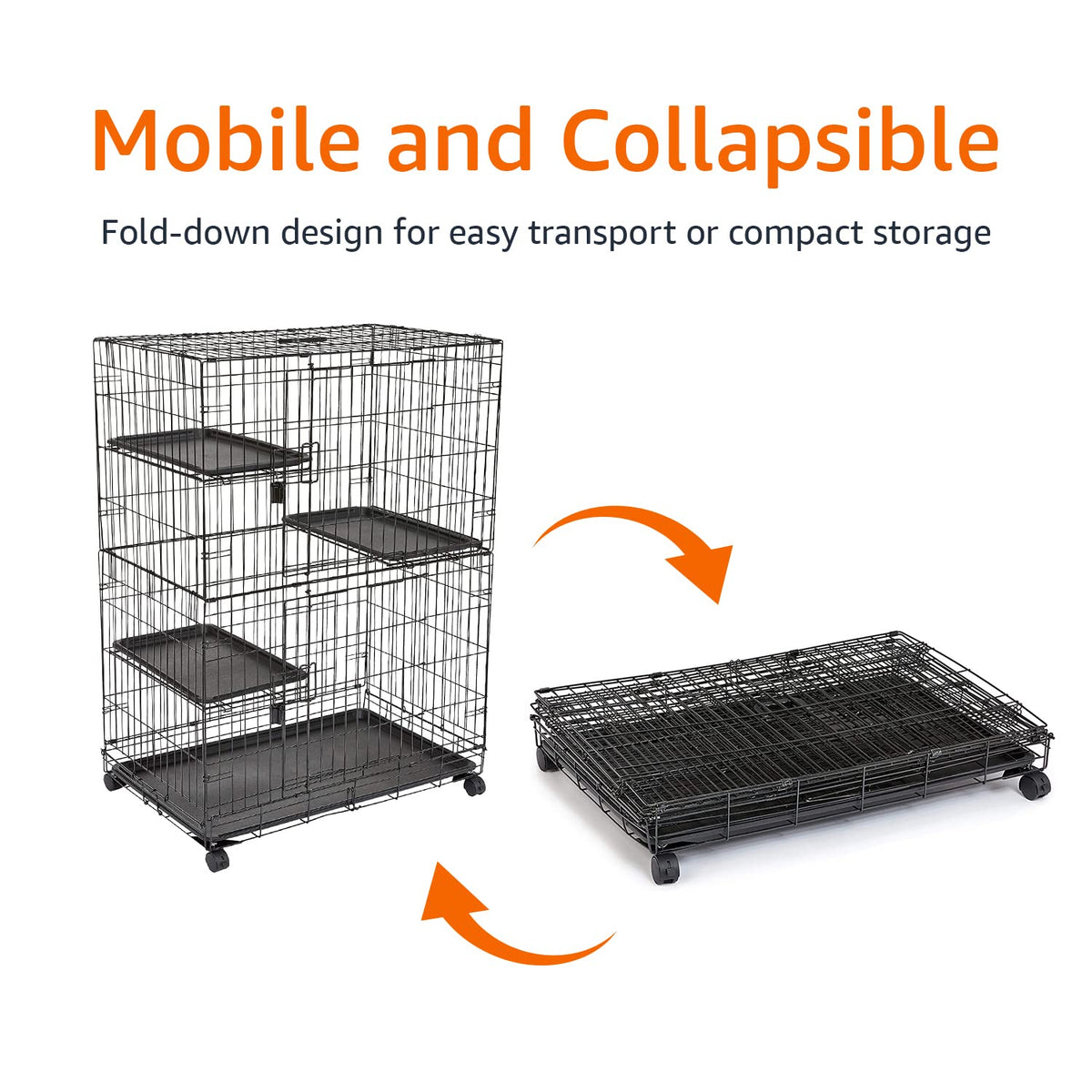 Amazon Basics Large 3-Tier Cat Cage Playpen with Easy to Clean Removable Tray, Front Doors, Portable, Foldable, 35.8" x 22.4" x 50.6", Black