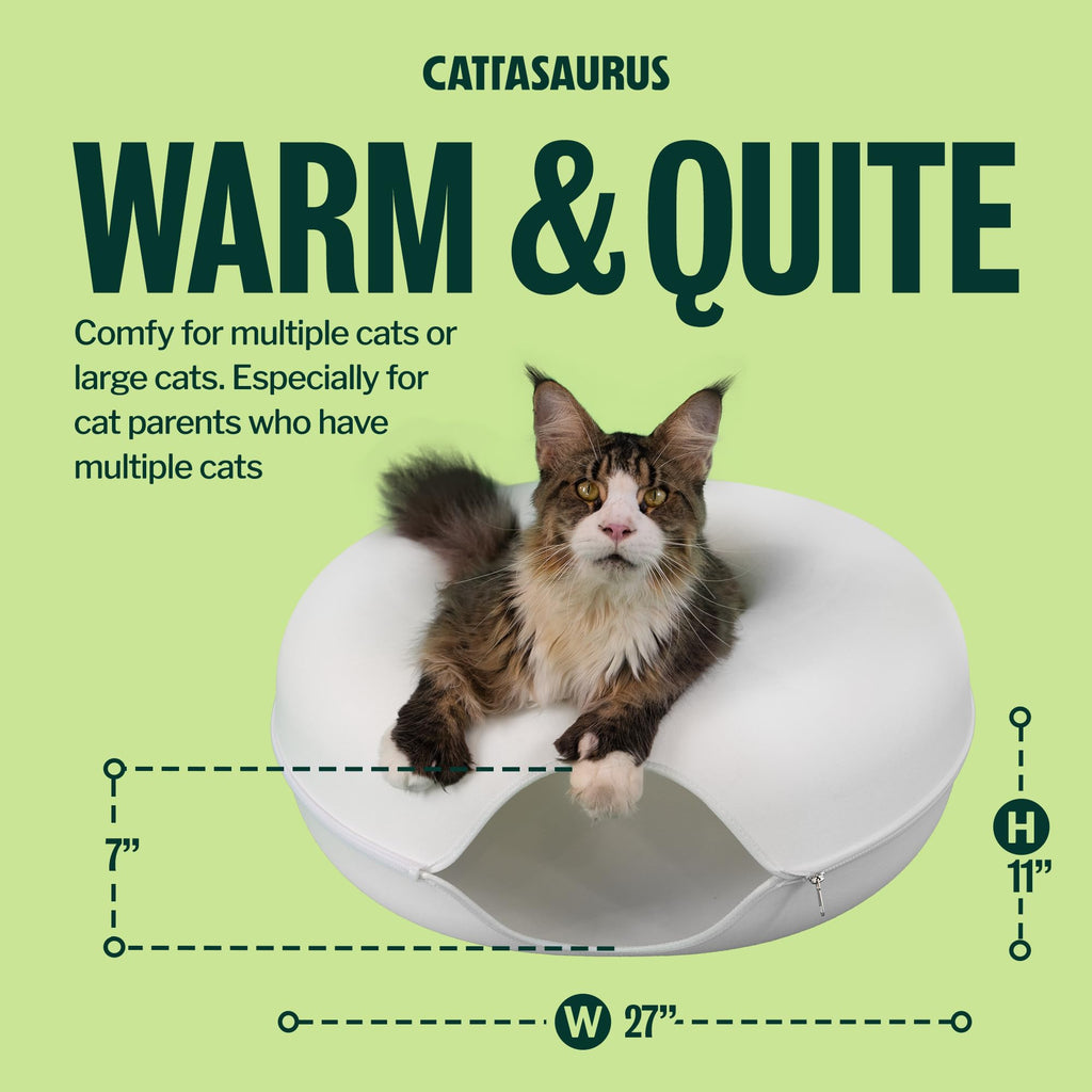 Cattasaurus Peekaboo Cat Cave, Extra Spacious for Multiple & Large Cats 15+ lbs, Scratch Detachable Cat Beds for Indoor Cats, Washable Tunnel Bed, Comfy Donut Tunnel (White, Jumbo)