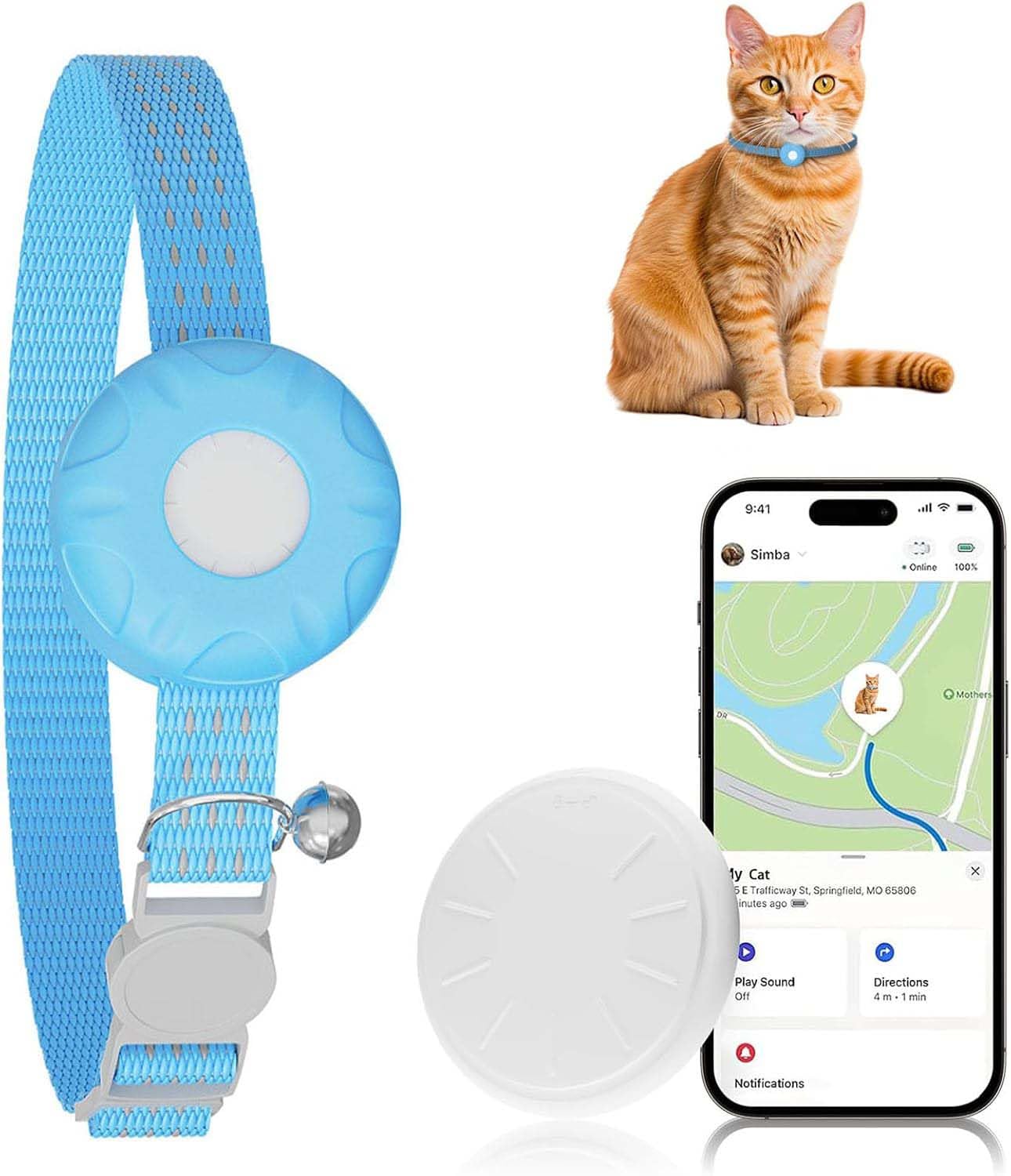 ZFSJTAG GPS Tracker for Cats, Compatible with Apple Find My App (Only iOS), No Monthly Fee Cat Tracker, Waterproof (White Tracker, Blue Cat Collar)