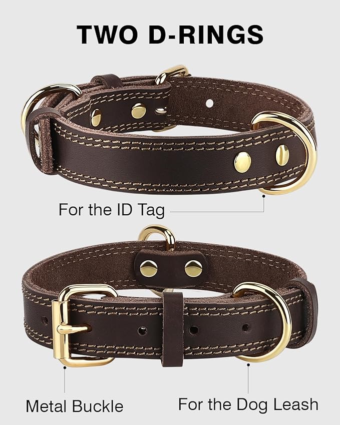 Joytale Leather Dog Collar for Small Dogs, Genuine Solid Sturdy Leather for Active Small Breeds, Adjustable Metal Pin Buckle, Durable and Secure Pet Collar for Daily Use, Brown, S