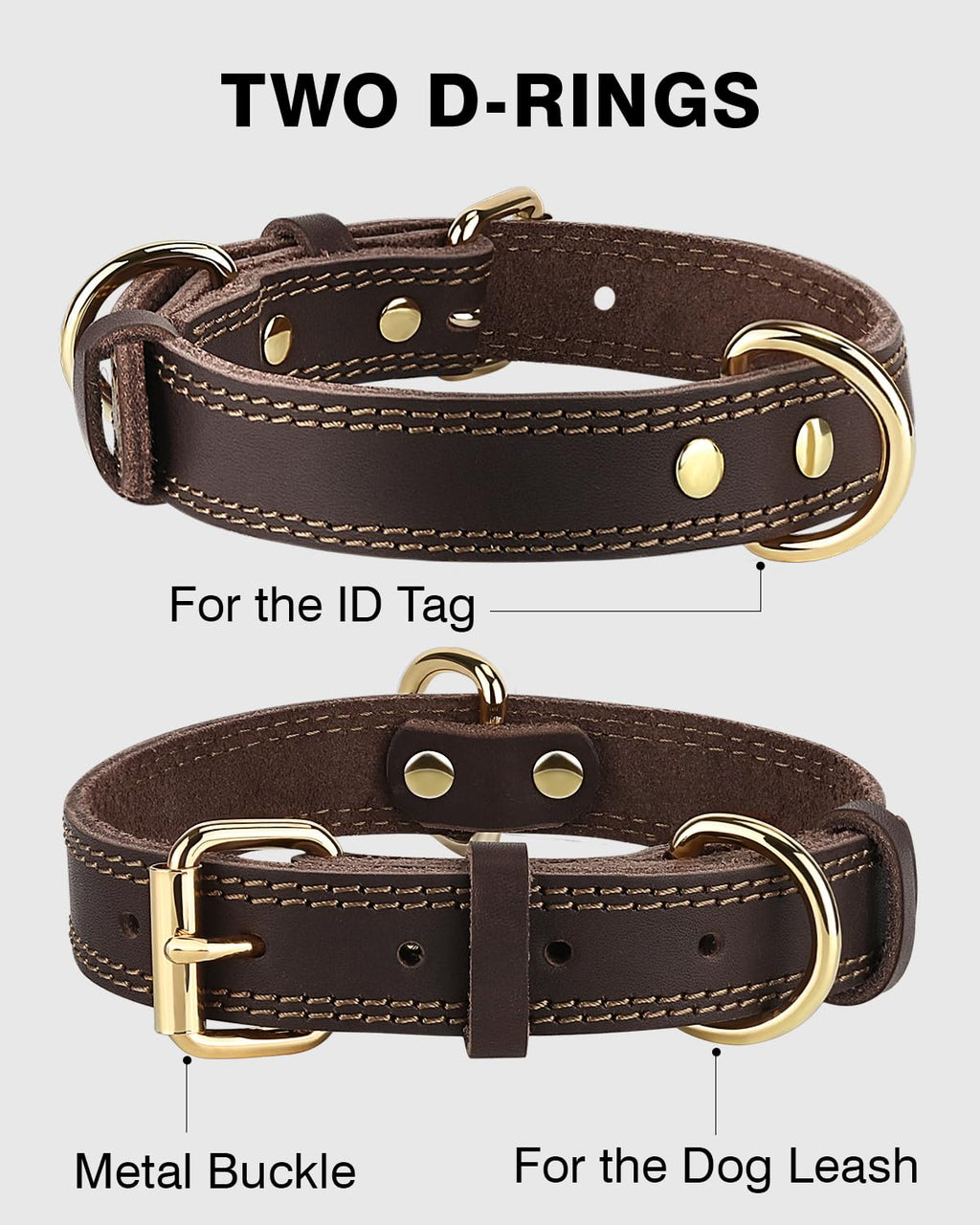 Joytale Leather Dog Collar for Small Dogs, Genuine Solid Sturdy Leather for Active Small Breeds, Adjustable Metal Pin Buckle, Durable and Secure Pet Collar for Daily Use, Brown, XS
