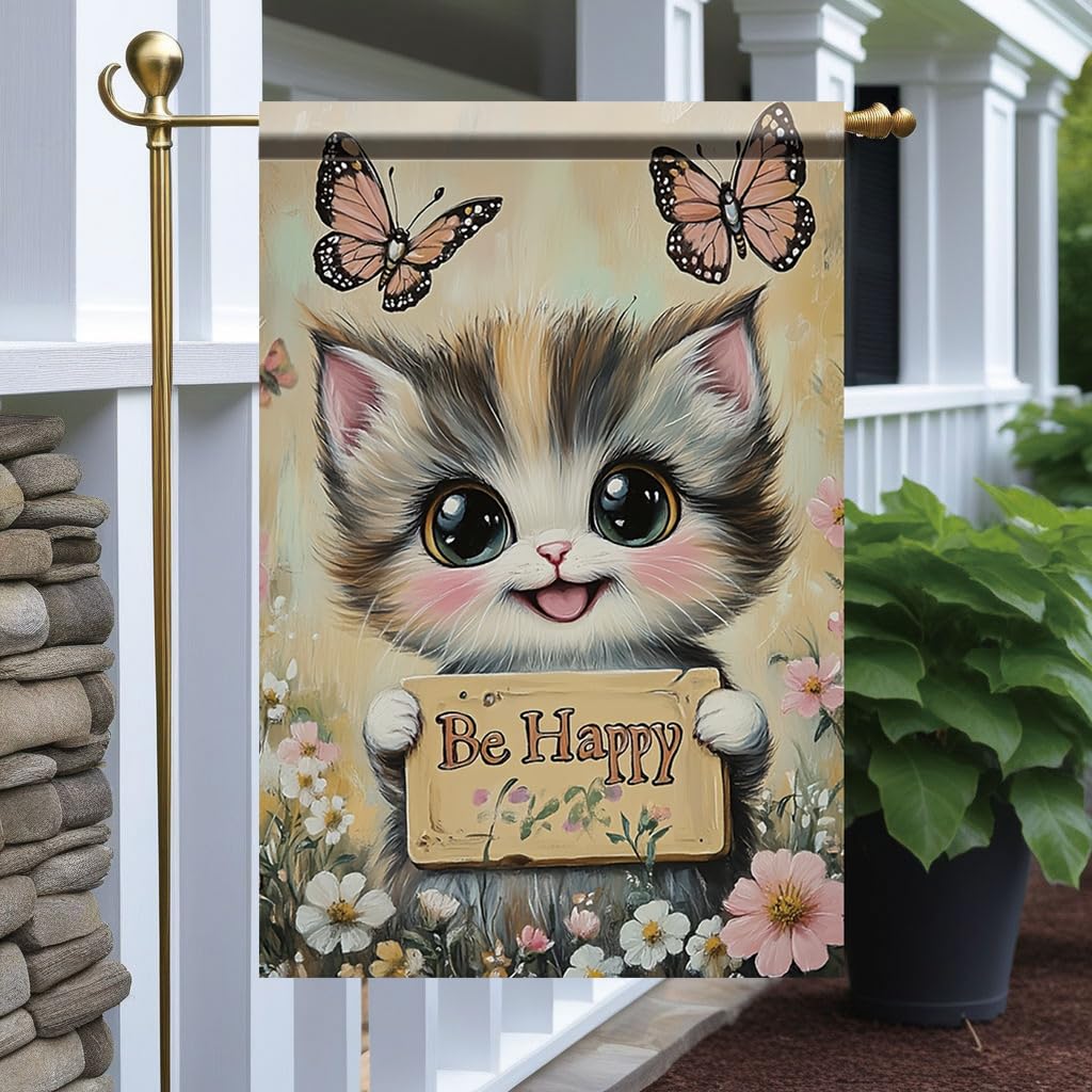 Tomhong Be Happy Cat Garden Flag 12x18 Inch Double Sided Outdoor Yard Banner Cute Kitten with Butterflies and Flowers for Spring Summer Patio Porch Lawn Home Decoration