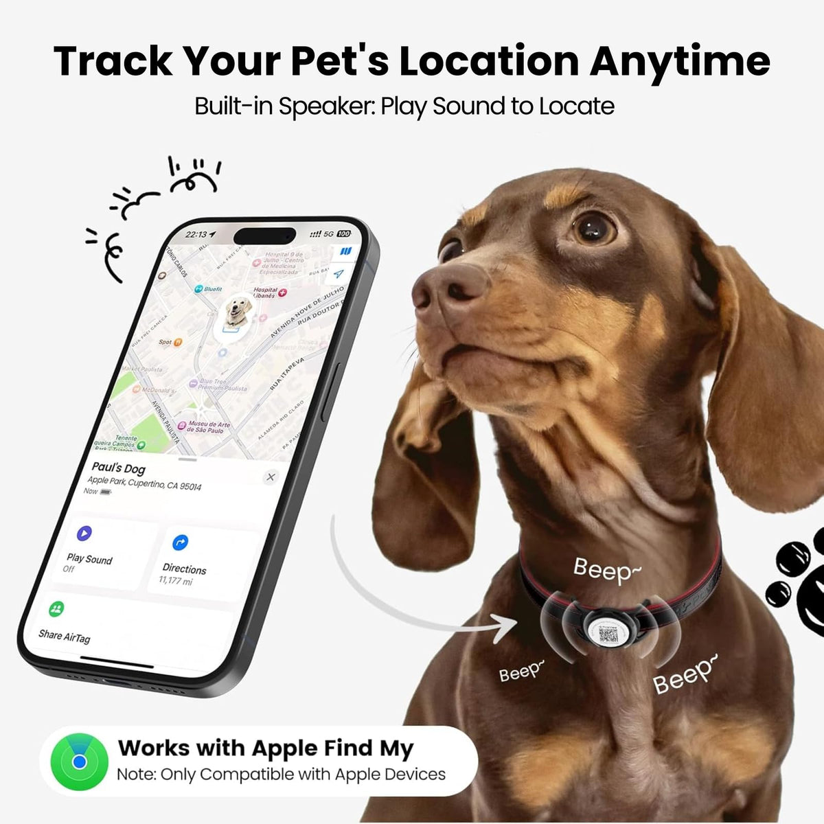 Smart Pet Tracker for Collar - Dog Trackers Location for Pet with Holder, No Monthly Fee, Real-Time Tracking, iOS Only, Long-Lasting, IPX6 Waterproof, Anti-Lost Tracker for Cats, Bag Straps, Black