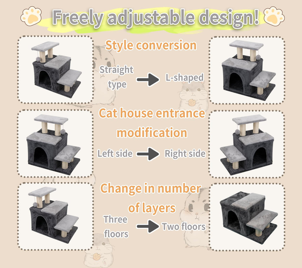 3-in-1 Pet Stairs for Cats for High Bed, Adjustable Dog Steps, Modular 3-Tier, Cushioned Steps & Big Cat Condo, Adjustable Entrance, Dangling Ball, for Kittens, Senior & Fat Cats (Grey, Large)