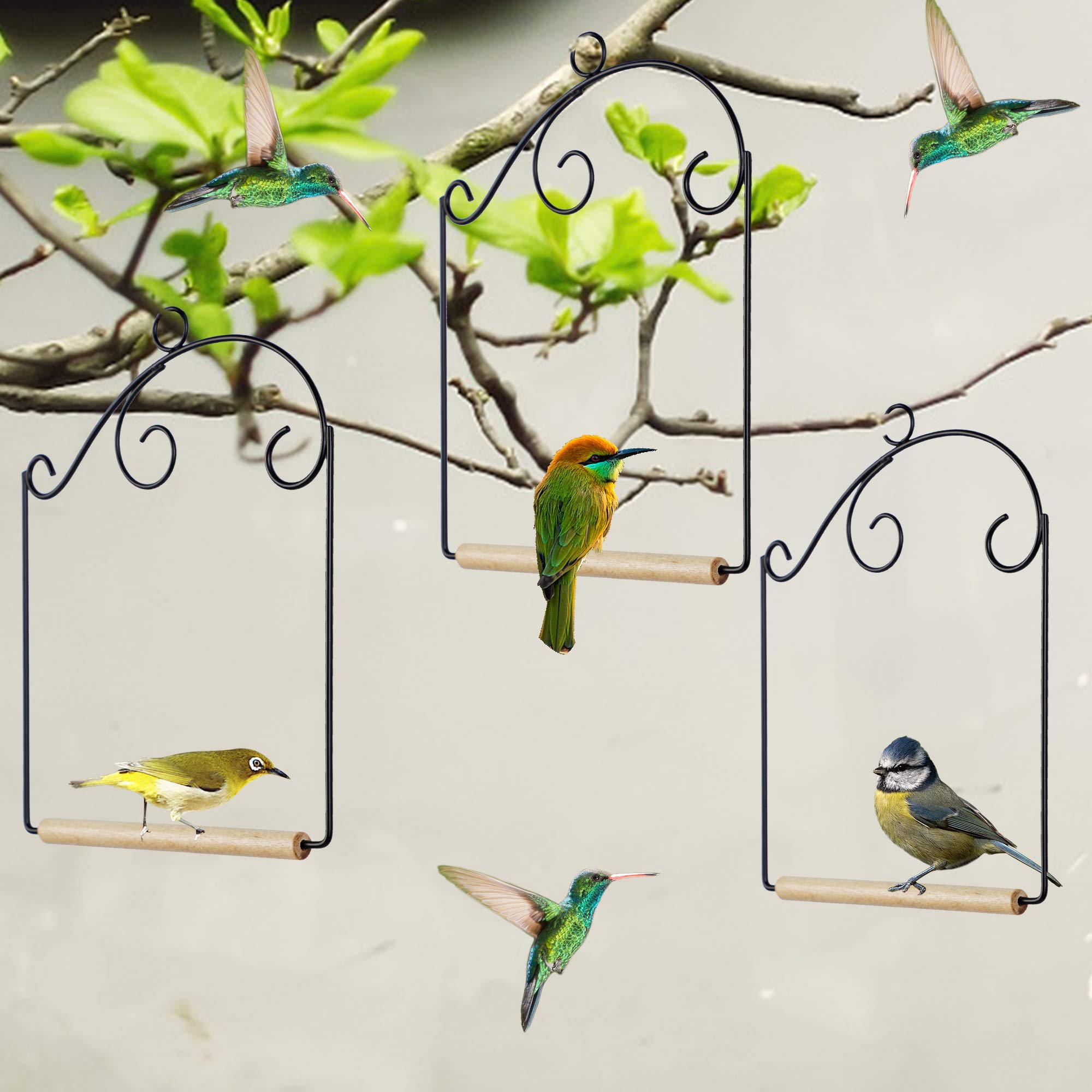 winemana Set of 3 Hummingbird Swings, Rust Resistant Metal Frame, Wooden Dowel, Attach to Bird Feeders, Perfect for Hanging Indoor Office Outdoor Trunk Lawn Patio Garden (7.5" x 5.6")