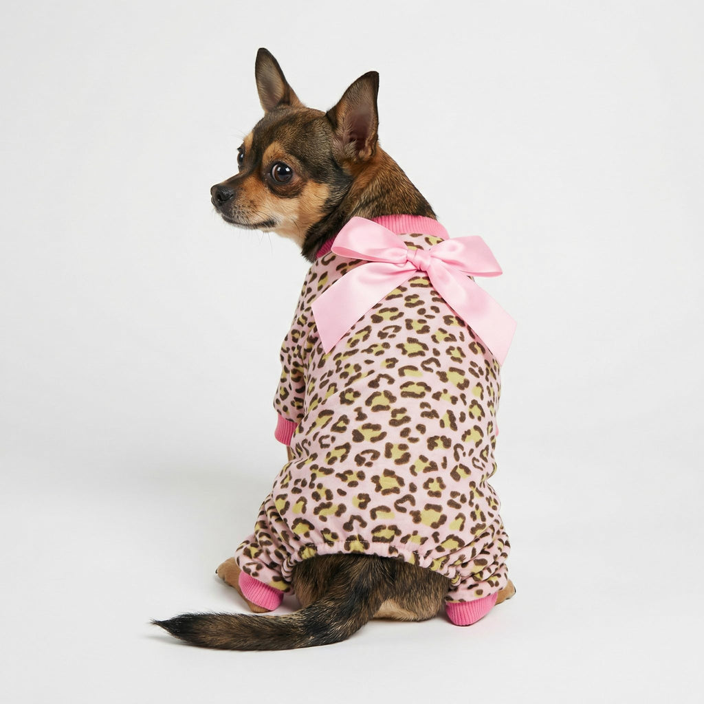 Fitwarm Leopard Dog Pajamas, Fleece Dog Clothes for Small Dogs Girl with Legs, Pet Onesie, Cat Outfit, Pink, Large