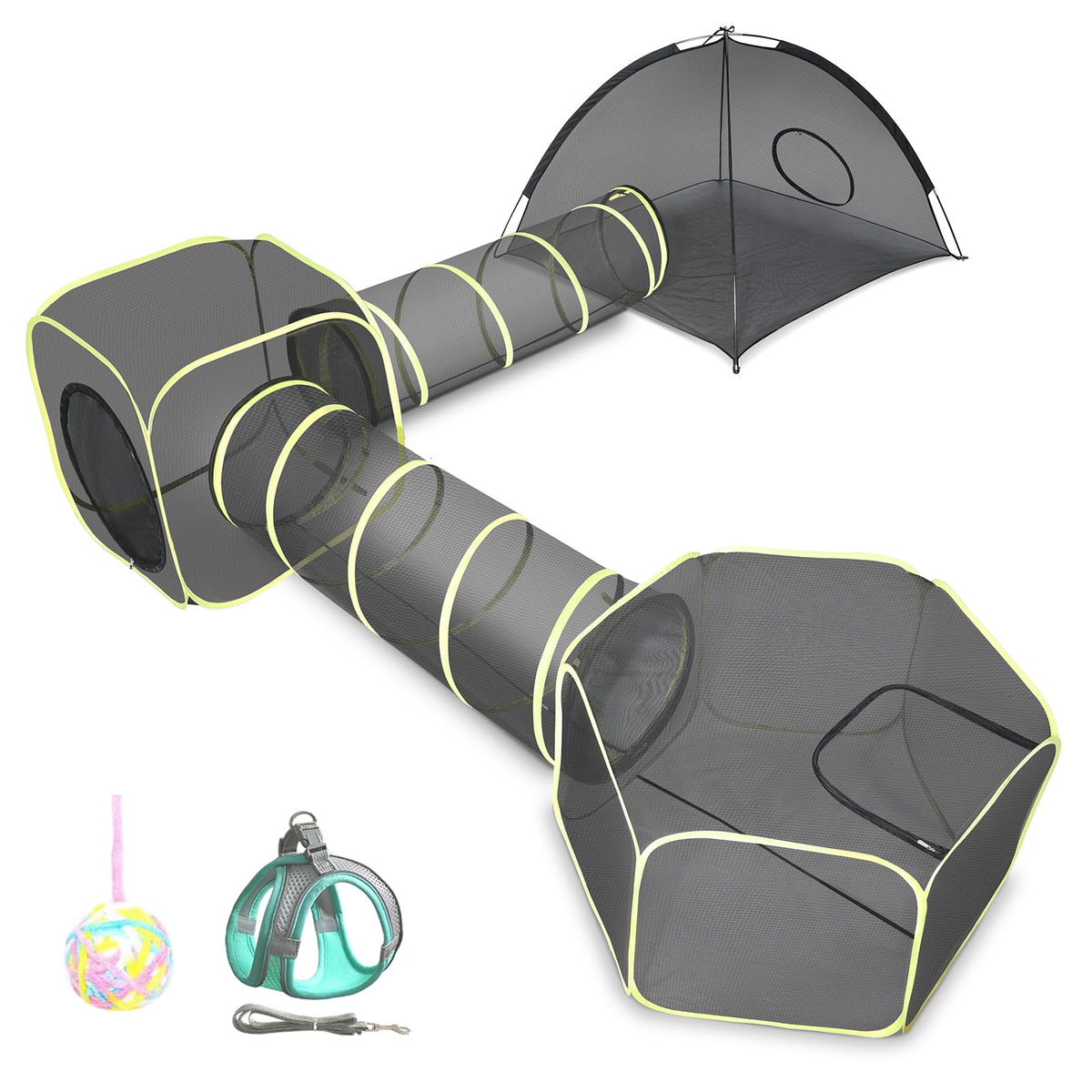 Outdoor Cat Enclosures Indoor, Portable Mesh Tent, Tunnel, Playhouse With Adjustable Harness and Leash for Walking, Colorful Tease Ball for Animals