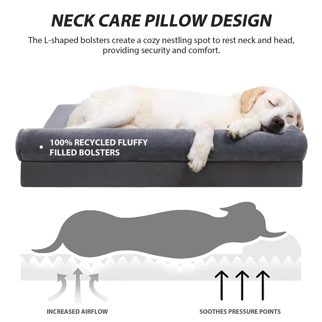 KSIIA Orthopedic Dog Bed - Waterproof for Large Dogs, Flannel Bolster Couch With Egg Crate Foam, Removable Washable Cover & Nonskid Bottom, 36 x 27 Inch, Gray