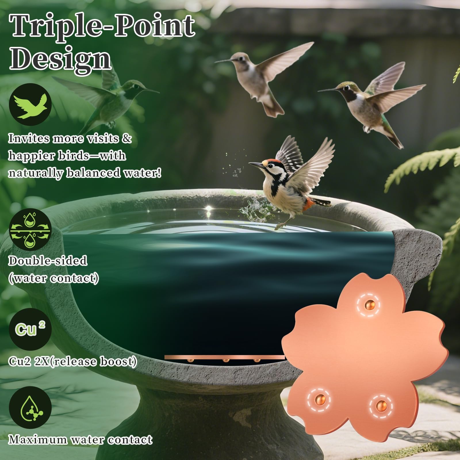 Yncotte Bird Bath Copper Disk, 2pcs Flower Shaped 99.99% Pure Copper Cleaning Disc Plate for Physical Safe Water Purification All-Season for Outdoor Wildlife Bird Bowls Birdbaths Solar
