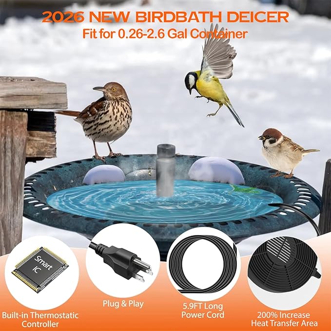 Fortrek Bird Bath Heater for Outdoors in Winter, 70w Birdbath Deicer Thermostatic Controller Water Heater with 5FT Cable for Birdbaths, Chicken, Duck, Livestock, Poulty, Animal, Tank, Buckets
