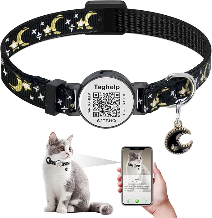 Stars and Moon AirTag Collar with AirTag Holder & Bell,Air Tag Cat Collar for Apple. Solid & Safe, Pet Collar, Breakaway Cat Collar,Smart QR Code Cat ID Tags - Pet Online Profile(Pink)