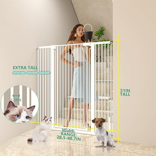 51" Extra Tall Cat Gate 30"-49.27" Wide, Auto Close, Pressure Mounted, for Cats & Small Dogs, Hallway, Stairs, Kitchen, Not Baby Gate,White