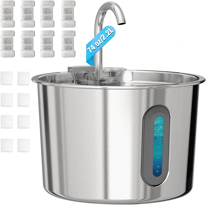 HAJXM Cat Water Fountain, 74oz/2.2L Cat Fountain for Drinking - Pet Water Fountain Stainless Steel for Cats Inside - Quiet Water Bowl Dispenser - Kitty Drinking Fountains - 8 Filters + 8 Sponges