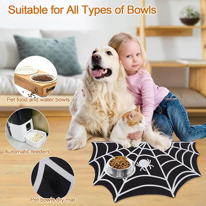 Halloween Dog Cat Mat for Food & Water Feeding, Spider Web 35.5''x24''