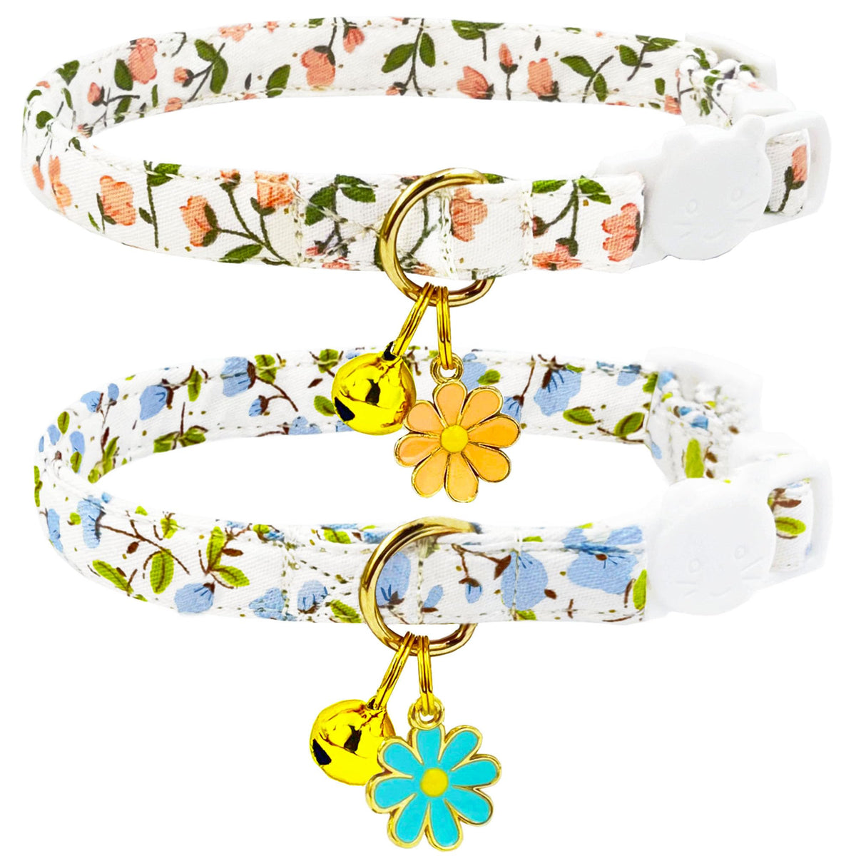 2 Pack Cotton Breakaway Cat Collars Set with Bell and Flower Pendant, Cute Floral Fruit Patterned, Adjustable 7.5-11Inch, Include A Mouse Toy Gift (Yellow+Navy Flower)