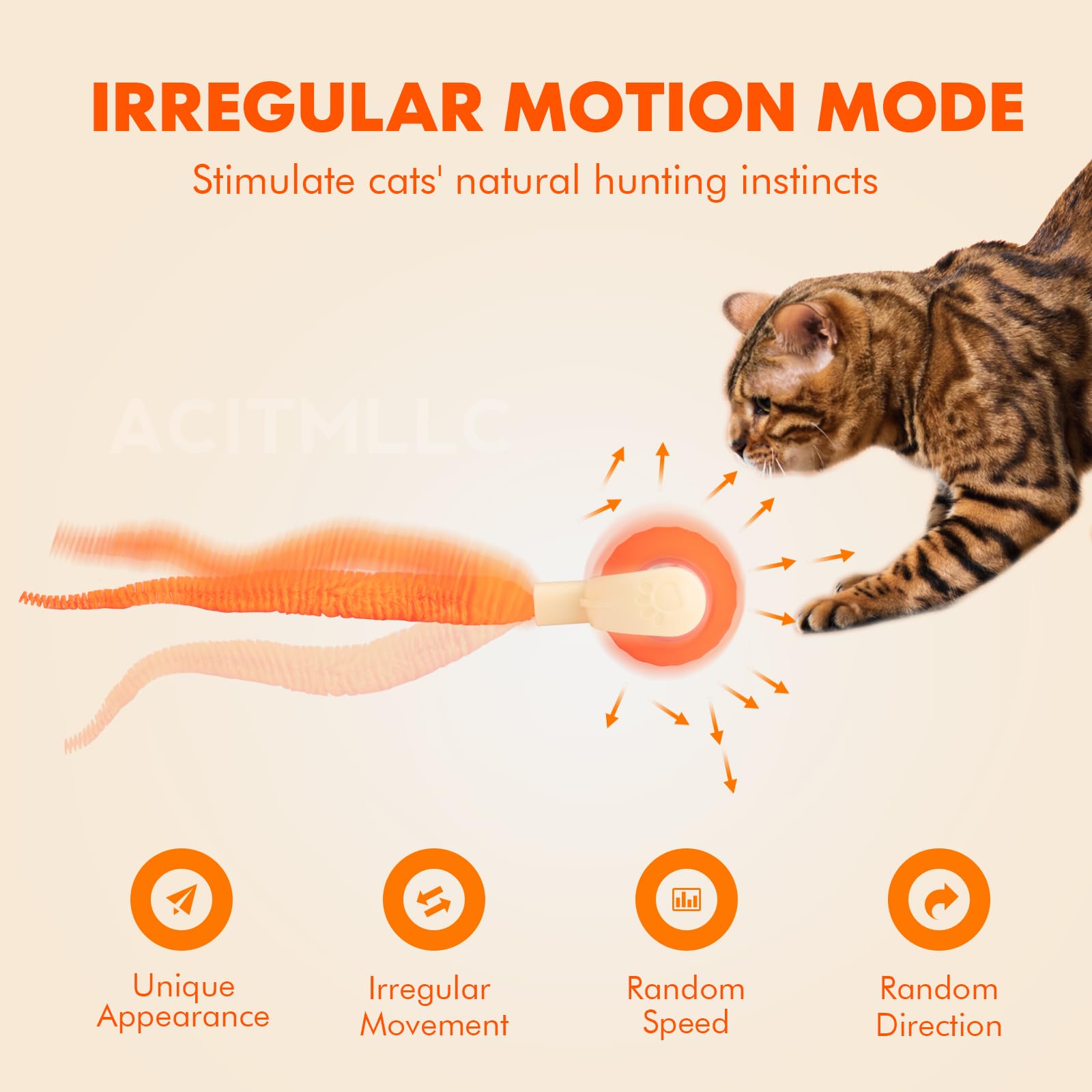 ACITMLLC Interactive Cat & Dog Toy Ball, Automatic Moving/Jumping/Bouncing, Smart Pet Chase Ball with Feather Tail, Electric Rechargeable Enrichment Toys for Indoor Bored Cats & Small Dogs (Orange)
