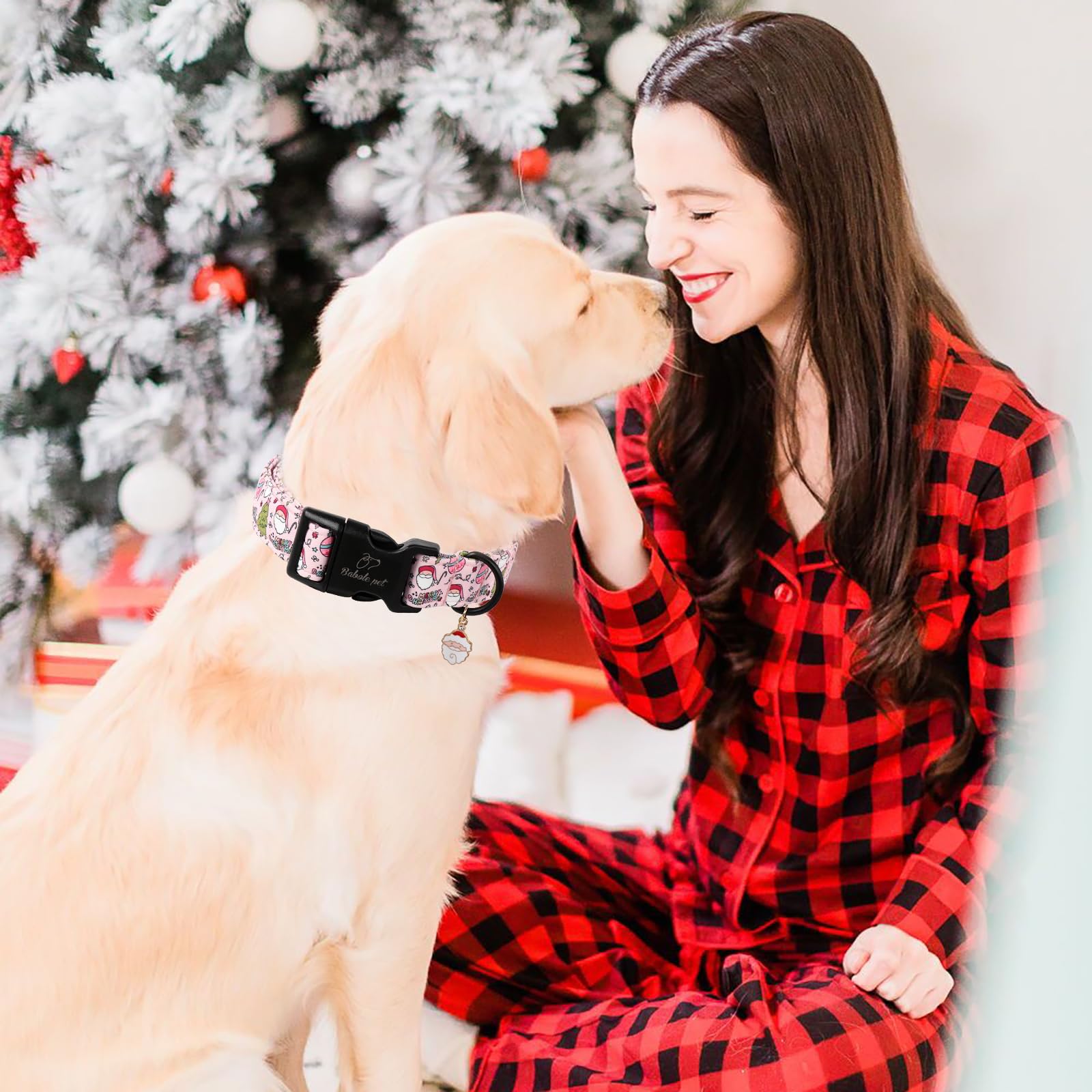Babole Pet Christmas Dog Collar for Medium Dogs - Cute Santa Print Pink Christmas Collars for Dogs, Soft Adjustable Winter Holiday Dog Collars with Quick Release Buckle M