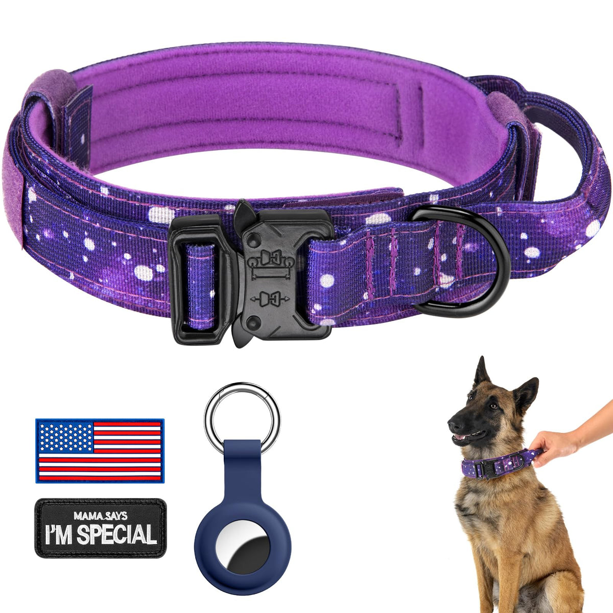 DAGANXI Tactical Dog Collar, Adjustable Military Training Nylon Dog Collar with Control Handle and Heavy Metal Buckle for Medium and Large Dogs, with Patches and Airtags Case (L, Pink)