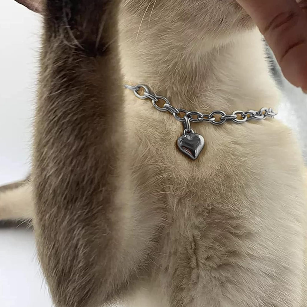 HOWWFALY Dog Collar and Cat Chain Necklace Stainless Steel Adjustable 18K Sliver Heart-Shaped Necklace for Small Pets Cats Kitten Puppy (Sliver, 7 inch)