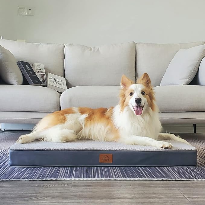 Sunheir Extra Large Orthopedic Dog Bed for Big Dogs - XL Waterproof Dog Bed with Removable Washable Cover & Anti-Slip Bottom, Crate Bed, Deluxe Plush Pet Bed Mat (Grey)