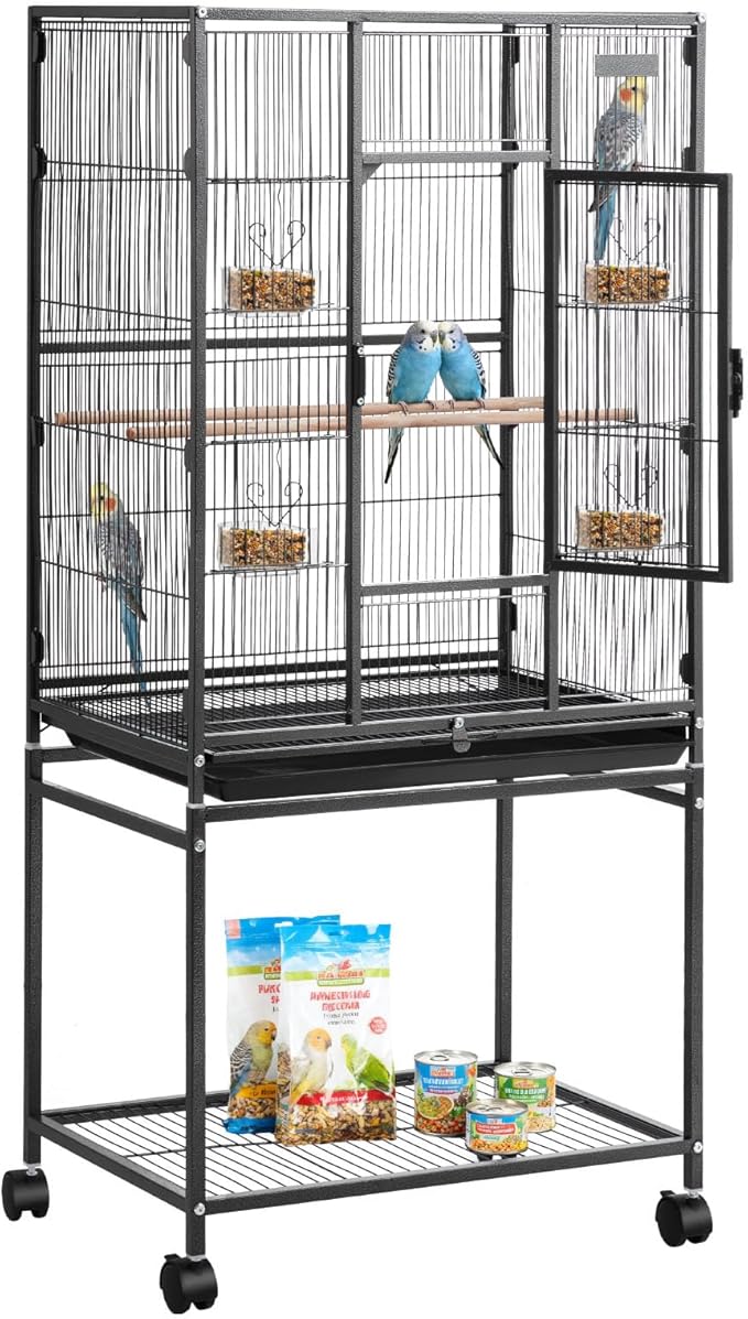 VEVOR Bird Cage, 18 x 18 x 30 inch, Open Flat Top, Wrought Iron Bird Flight Cage with Perches, Slide-Out Tray and Plastic Feeders, Casters, for Parrot, Blue Tit, Cockatiel, Canary, Budgerigar, Conure