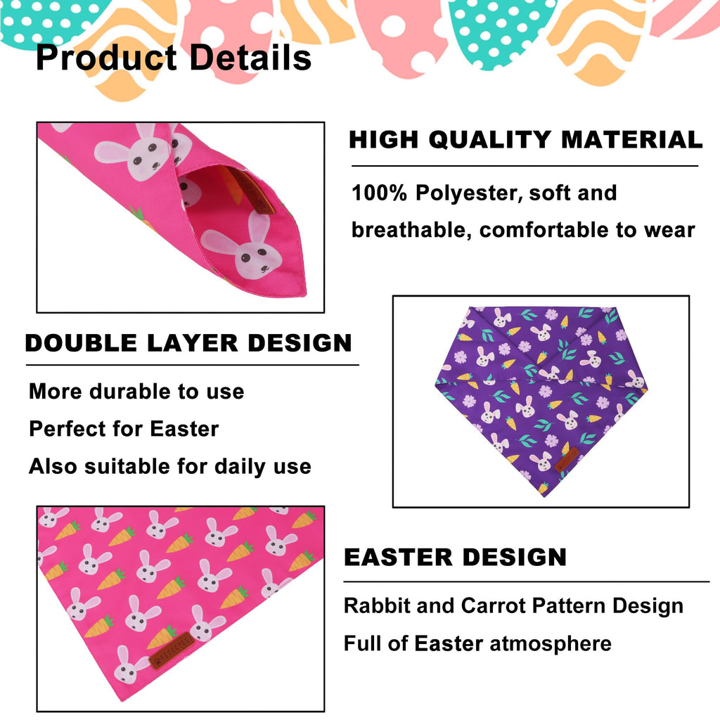 ADOGGYGO Easter Dog Bandana 2 Pack, Bunny Carrot Print Triangle Pet Scarf, Premium Fabric, Reversible Purple Pink Easter Bandana for Extra Large Dogs (X-Large)