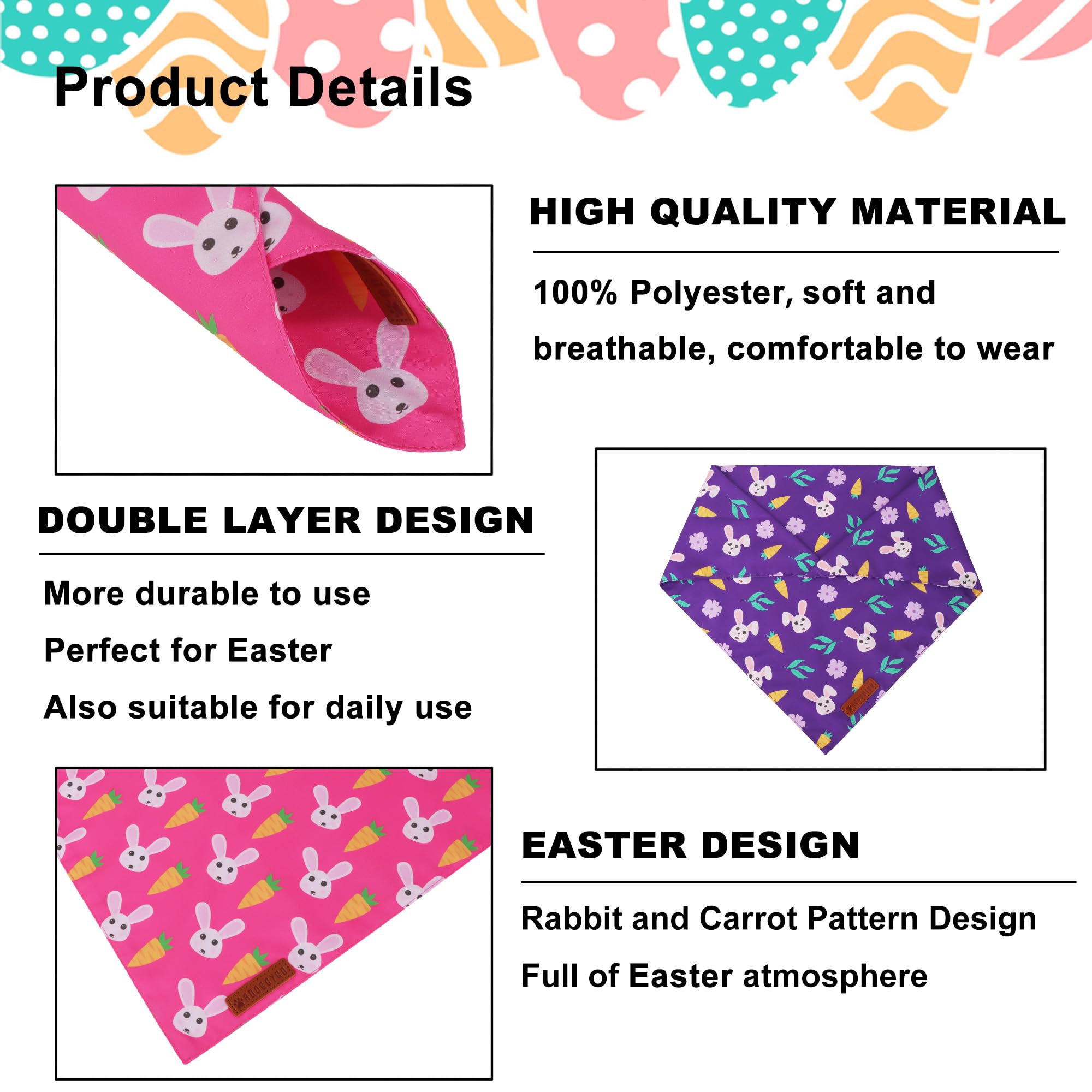 ADOGGYGO Easter Dog Bandana 2 Pack, Bunny Carrot Print Triangle Pet Scarf, Premium Fabric, Reversible Purple Pink Easter Bandana for Extra Large Dogs (X-Large)