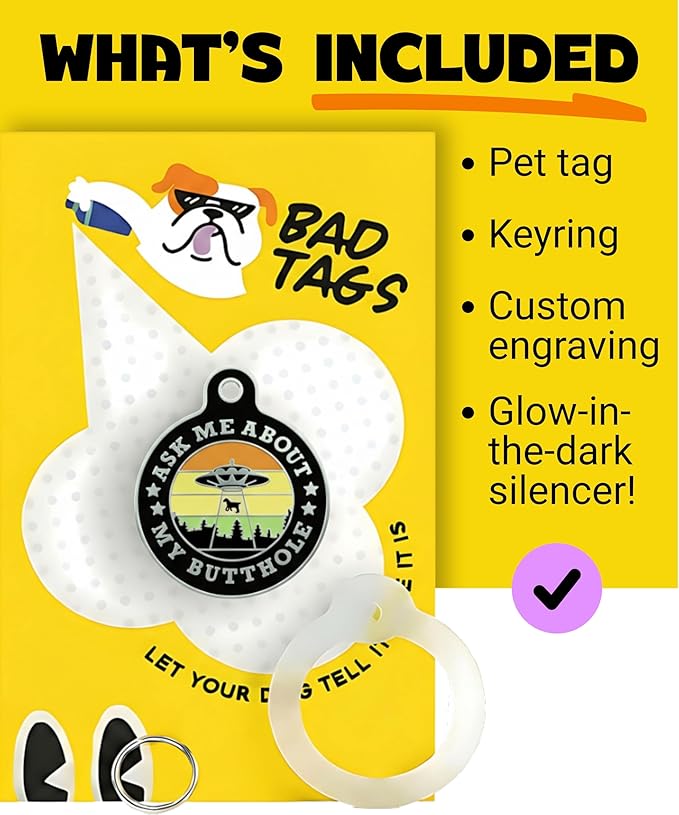Bad Tags Personalized Dog and Cat ID Tags in 25+ Designs and 2 Sizes - 5 Lines of Custom Engraved Text - Funny Cute Personalized Pet Tags (Ask Me About My Butthole - Black, Large (1.25 inch))