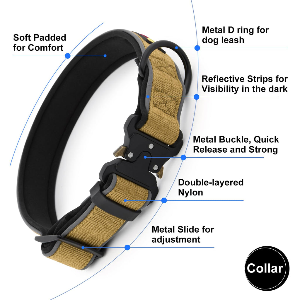Plutus Pet Tactical Dog Collar, Reflective, Adjustable Heavy Duty Dog Collar, Soft Padded and Comfortable, for Small Medium and Large Dogs (Brown, M)