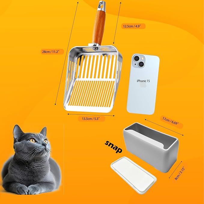 TabifurKitc Rustproof & Unbreakable 304 Stainless Steel Metal Cat Litter Scoop with Holder Stand, One-Piece Pressed Design with No Welds, Easy Bottom Scooping, Reinforced Anti-Break Handle