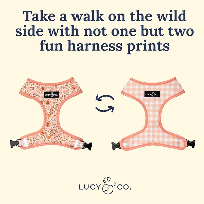 Lucy & Co. Cute Reversible Dog Harness Walking Halter - Best Designer Pet Harnesses for XS - XL Dogs - Padded Adjustable Vest for Easy Walking-XLarge-Peach Pink Floral Plaid