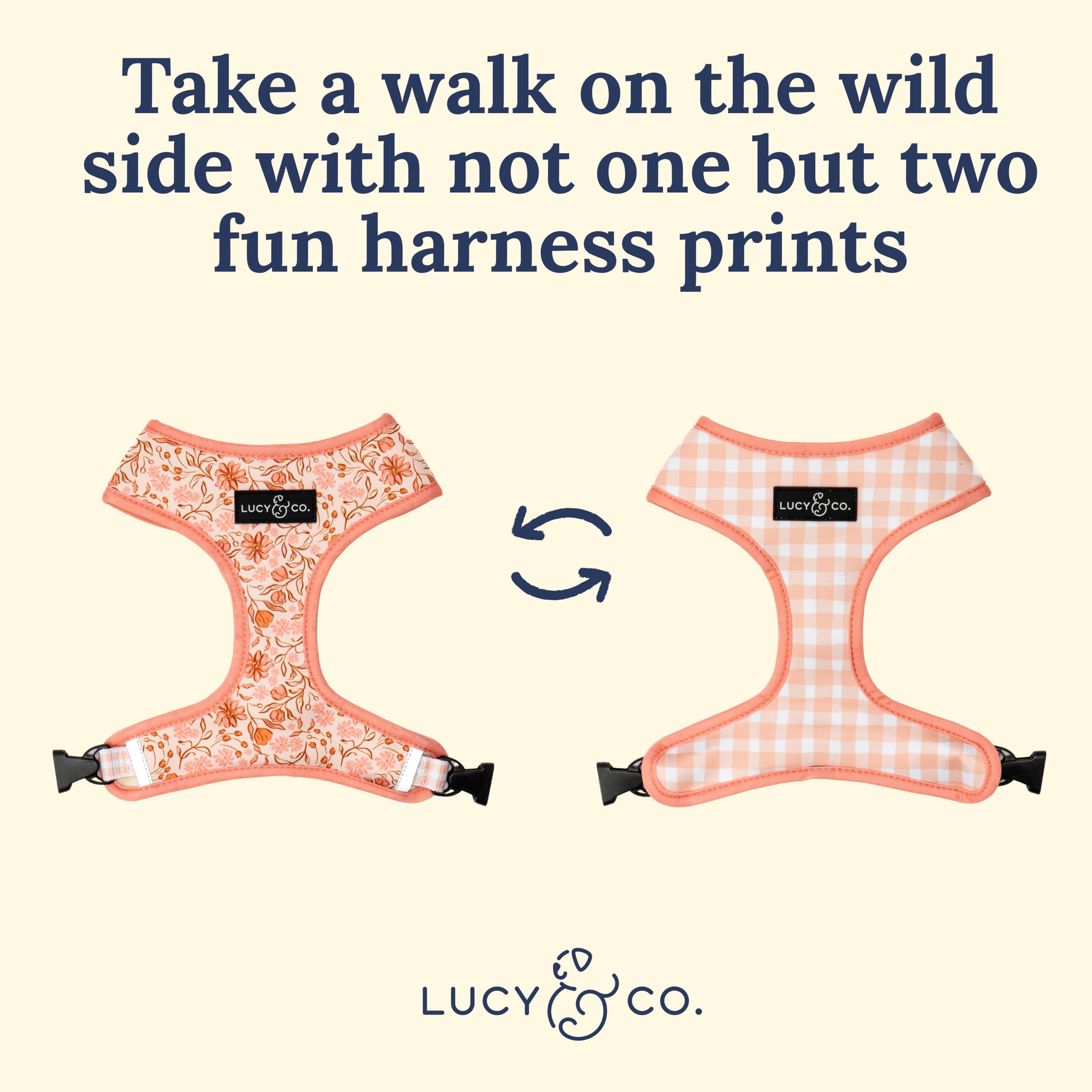 Lucy & Co. Reversible Dog Harness - Water-Repellent Neoprene, Dual-Print Design, Easy Swap Style, Adjustable Comfort Fit - Woodland Wildflowers Reversible Harness - Small