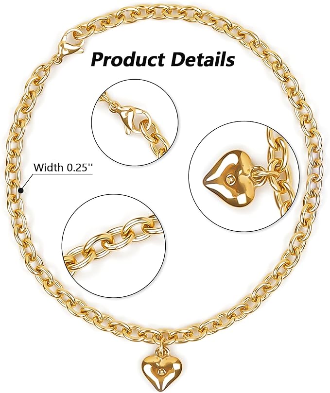 HOWWFALY Dog Collar and Cat Chain Necklace Stainless Steel Adjustable 18K Gold Heart-Shaped Necklace for Small Pets Cats Kitten Puppy (Gold, 12 inch)