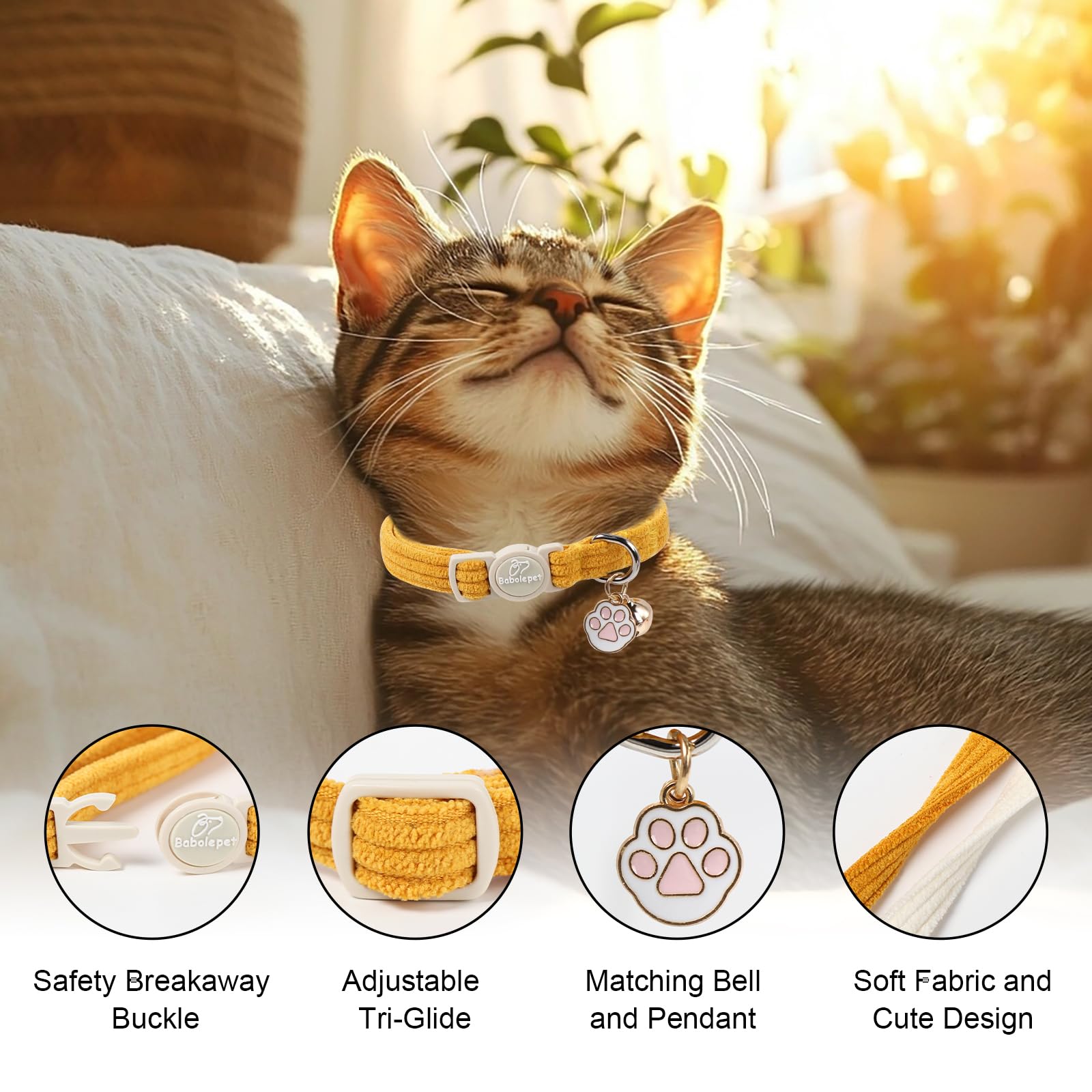 Babole Pet 2 Pack Corduroy Cat Collars - Cute Breakaway Cat Collar with Bell and Paw Pendant, Soft Adjustable Fall Winter Kitten Collars for Girl Boy Cats, Yellow&White